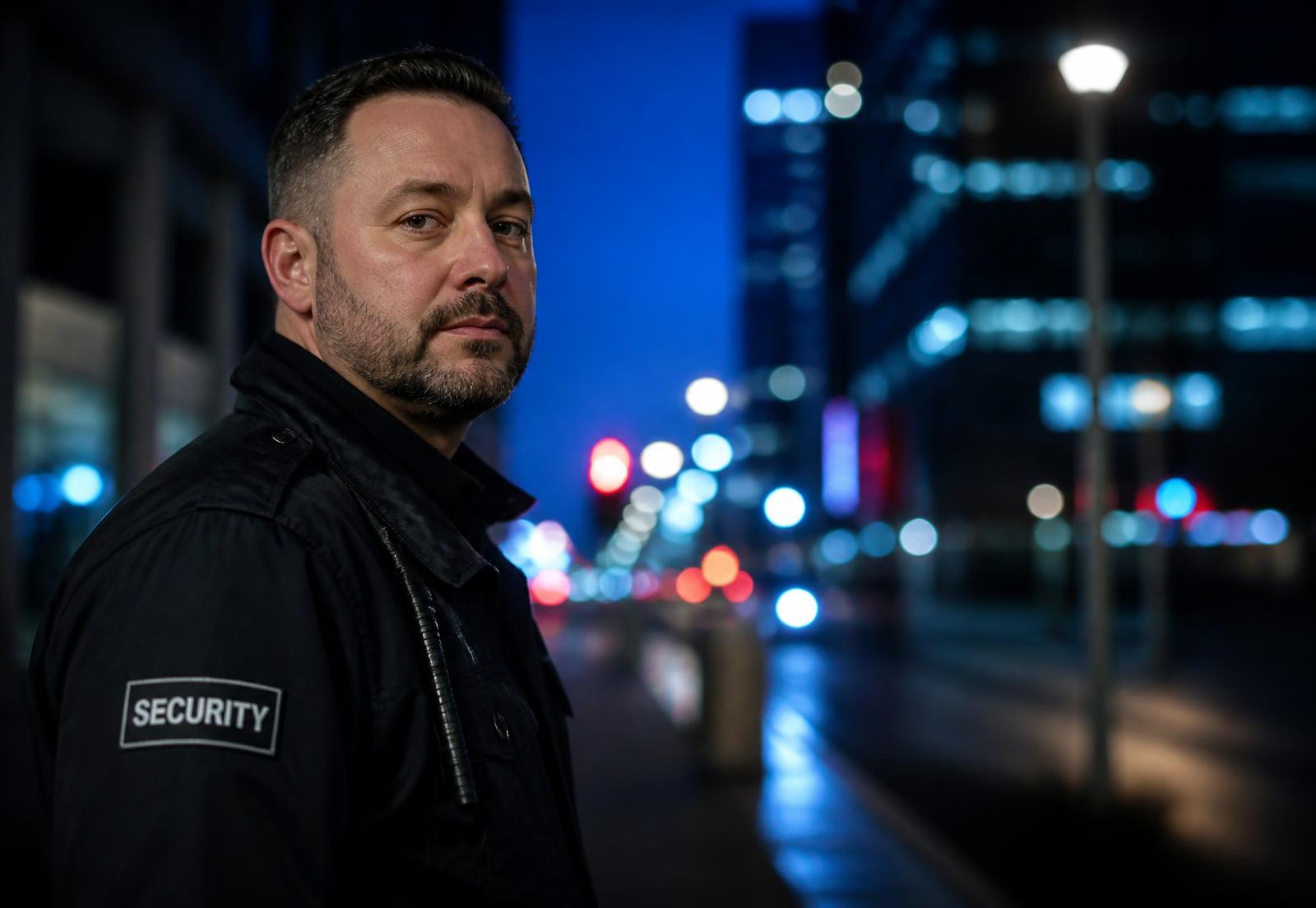 Security officer on patrol in a city at night